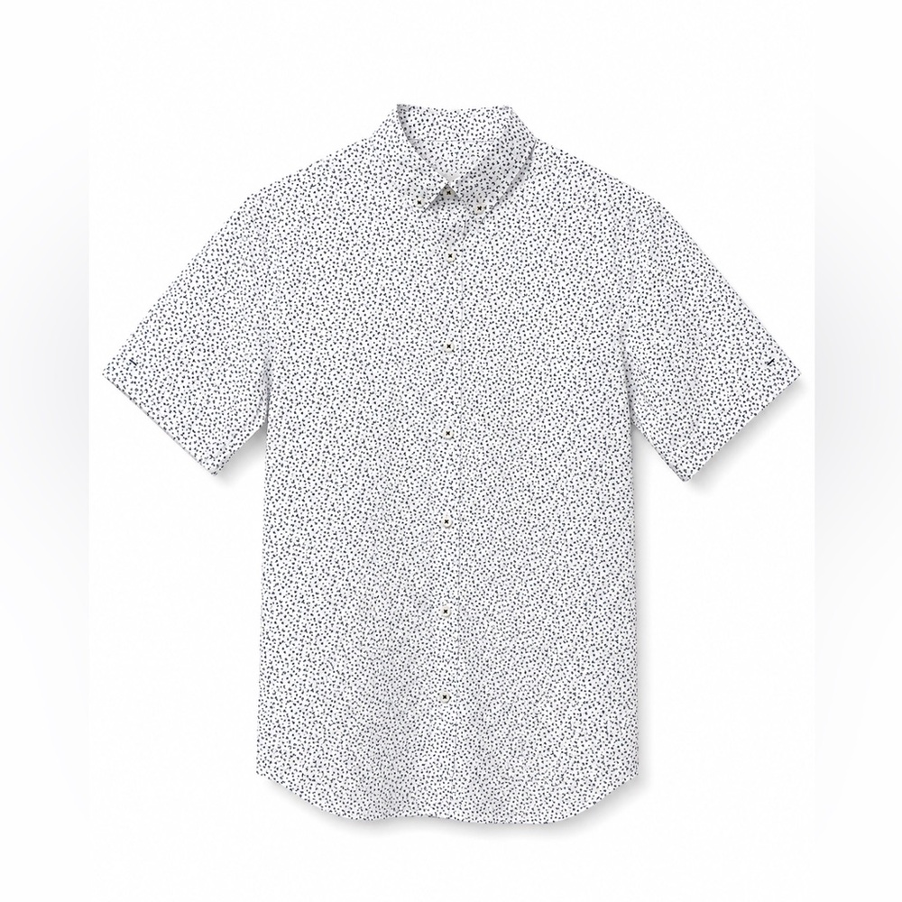 Zara- Slim Fit White Short-Sleeve Button-Down Shirt with Black Dot Print